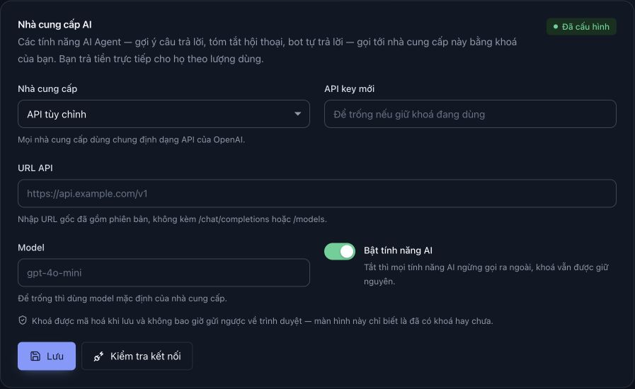 API tùy chỉnh làm xuất hiện URL API bên trên Model; bên dưới có Lưu và Kiểm tra kết nối.