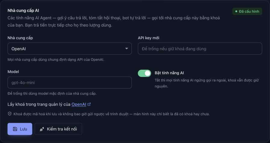 Biểu mẫu khi chọn OpenAI: ô API key mới, Model với gợi ý mặc định và liên kết lấy khóa OpenAI.