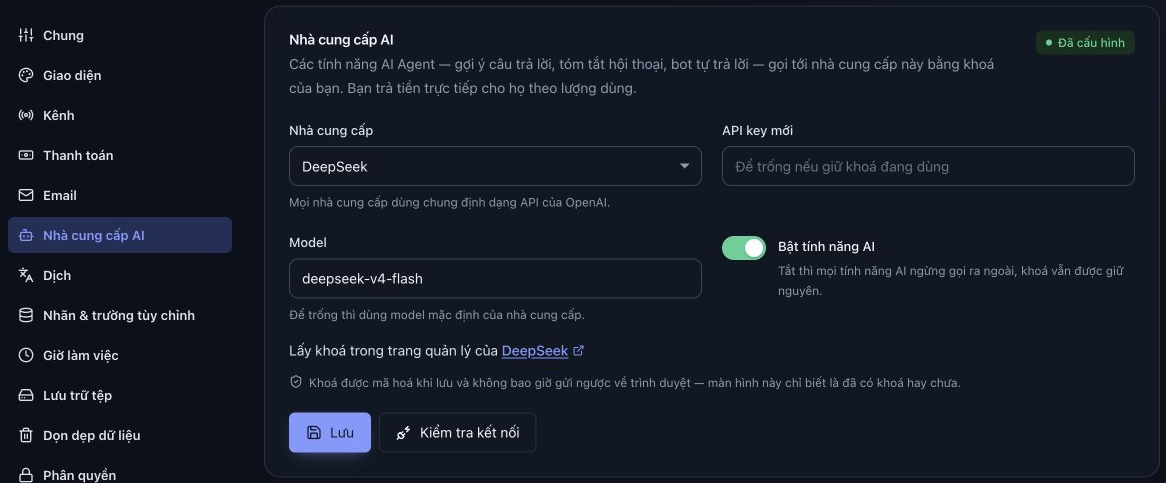 Tab Nhà cung cấp AI với DeepSeek, API key mới, Model, công tắc bật AI và hai nút Lưu, Kiểm tra kết nối.