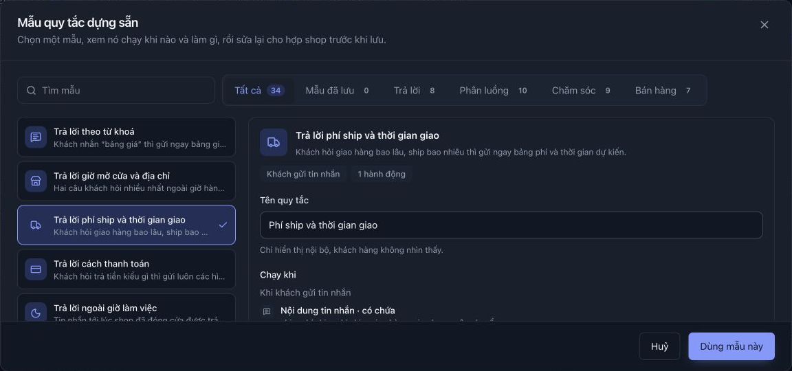 Hộp mẫu dựng sẵn chọn Trả lời phí ship và thời gian giao với nút Dùng mẫu này.