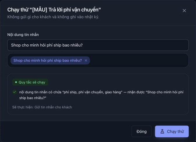 Kết quả chạy thử có từ khóa phí ship hiển thị Quy tắc sẽ chạy.