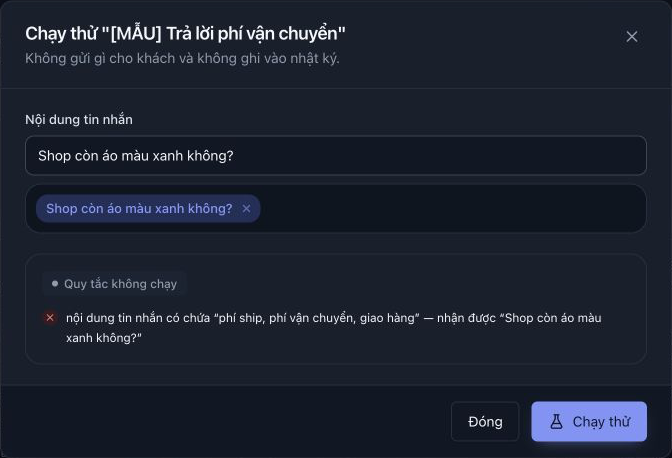 Kết quả chạy thử câu hỏi màu áo hiển thị Quy tắc không chạy.