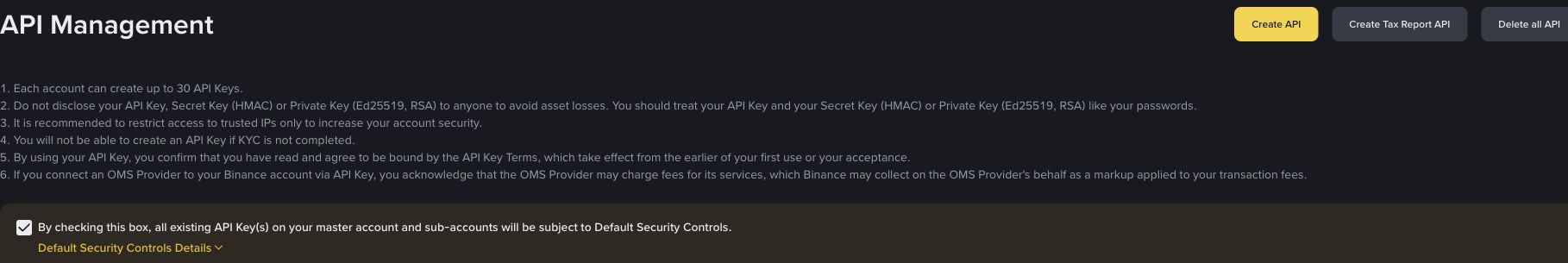 Trang API Management của Binance với nút Create API ở góc phải và các lưu ý bảo mật