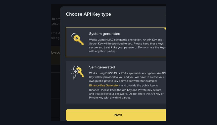 Hộp Choose API Key type trên Binance với System generated được chọn