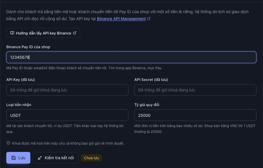 Biểu mẫu Binance Pay trong ChatHub với Pay ID mẫu, hai ô khóa, USDT, tỷ giá và nút kiểm tra kết nối