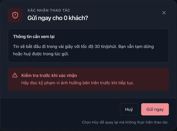 Hộp xác nhận ghi 0 khách và 30 tin/phút. Cần kiểm tra nhóm nhận trước khi gửi; ảnh này đã bấm Huỷ, không bấm Gửi ngay màu đỏ.