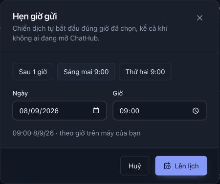 Đã bấm Sáng mai 9:00: ô Ngày là 08/09/2026, Giờ là 09:00 trong lần chụp. Dòng dưới xác nhận giờ trên máy. Chưa bấm Lên lịch; đã bấm Huỷ để giữ bản nháp.