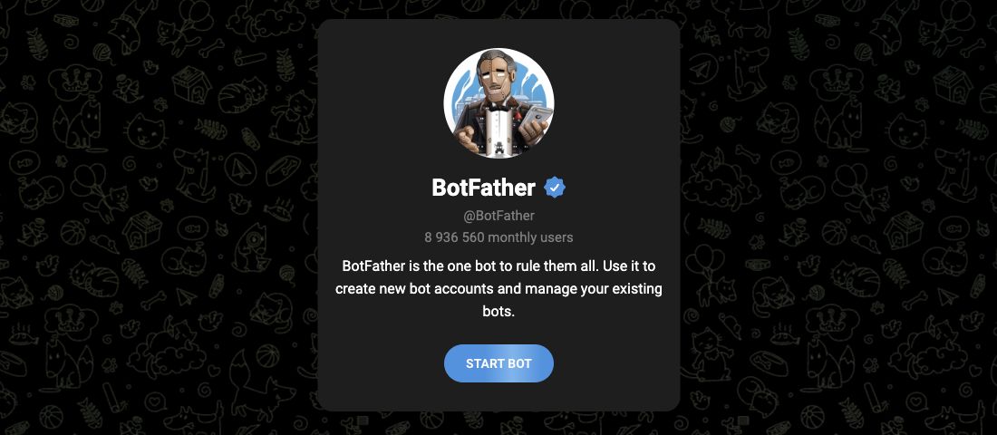 Trang @BotFather chính thức với dấu xác minh và nút START BOT