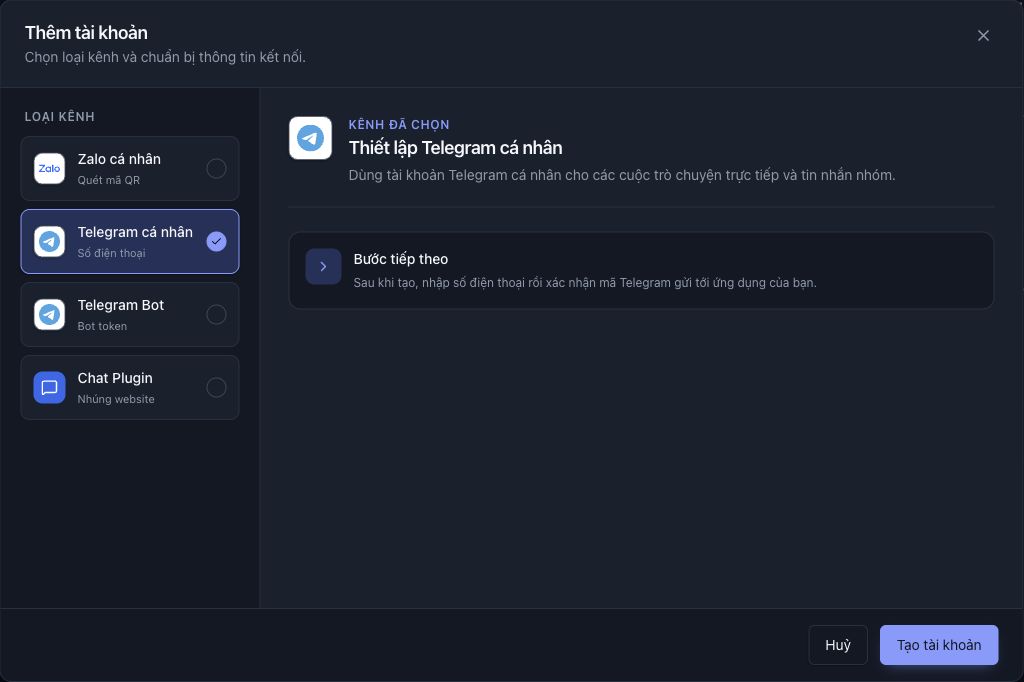 Telegram cá nhân được chọn ở hàng thứ hai