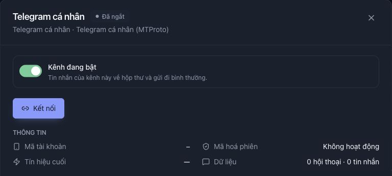 Kênh Telegram có công tắc Kênh đang bật nhưng nhãn Đã ngắt ở tiêu đề, chưa có mã tài khoản hay tín hiệu cuối
