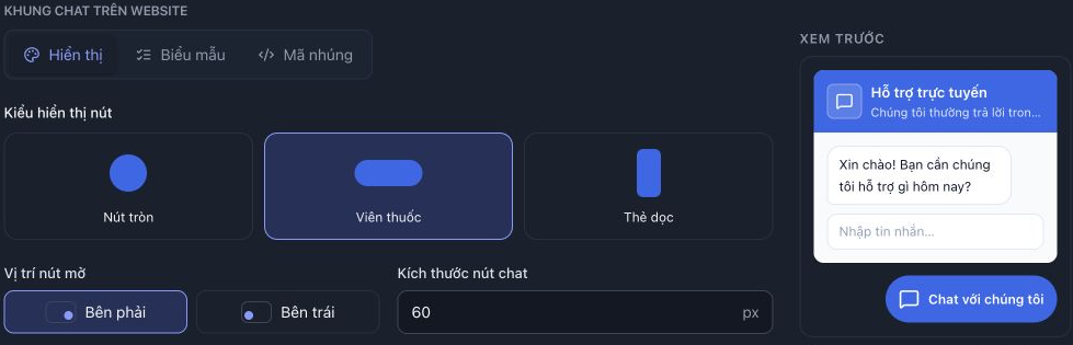 Tab Hiển thị: đang chọn Viên thuốc, Bên phải và kích thước 60 px