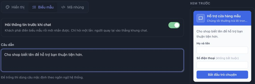 Tab Biểu mẫu với Hỏi thông tin trước khi chat đang bật và Câu dẫn mẫu