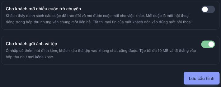 Hai công tắc nhiều cuộc trò chuyện và gửi ảnh/tệp ở cuối Hiển thị; Lưu cấu hình nằm dưới phải