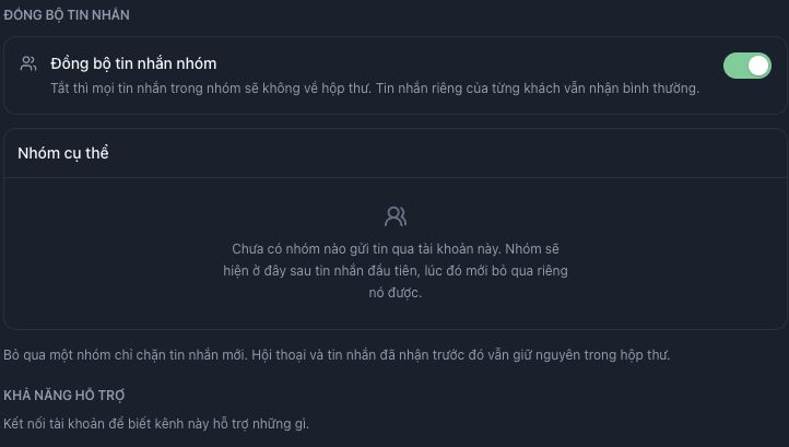 Đồng bộ tin nhắn nhóm đang bật; Nhóm cụ thể còn trống vì chưa có tin nhóm trên tài khoản minh họa