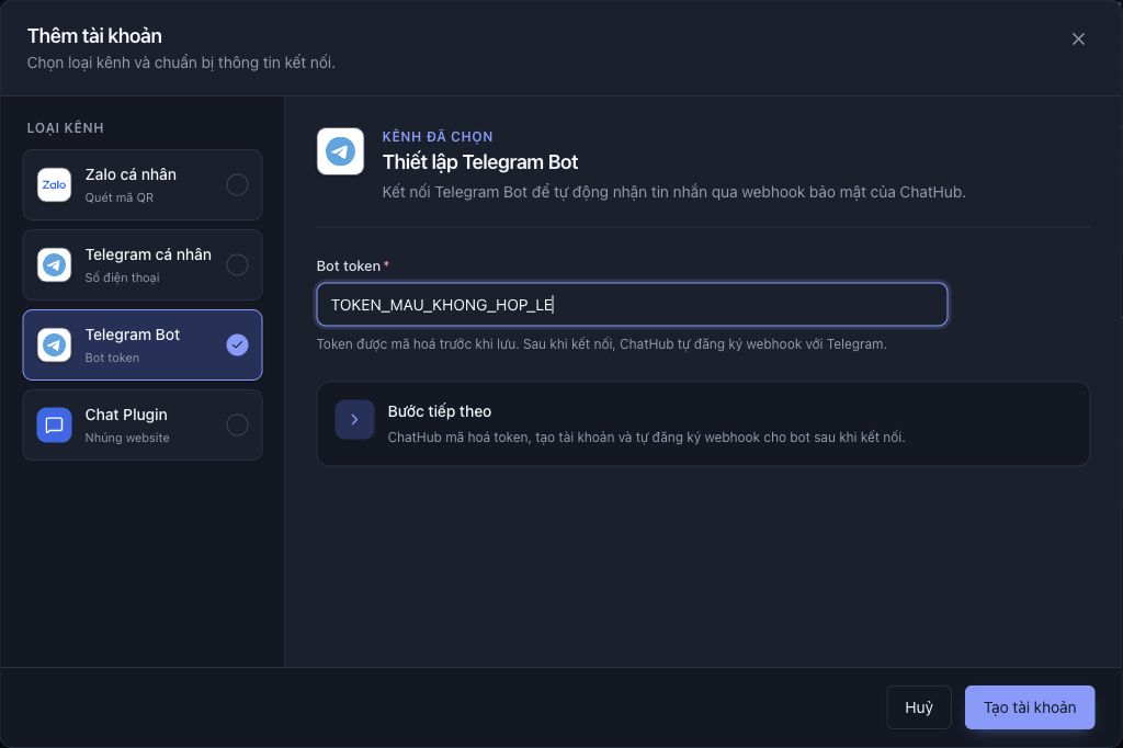 Chọn Telegram Bot, nhập vào ô Bot token ở giữa rồi dùng Tạo tài khoản ở góc dưới phải
