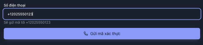 Ô Số điện thoại và nút Gửi mã xác thực trên một kênh Telegram đã có nhưng chưa đăng nhập