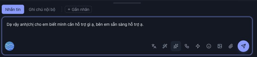 AI đã đưa lời chào vào ô soạn sau khi nhận lời dặn. Đây là kết quả gợi ý thực tế, chưa gửi; có thể sửa trực tiếp trước khi dùng.