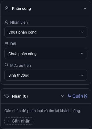 Khung Phân công có Nhân viên, Đội và Mức ưu tiên. Ảnh giữ Chưa phân công/Bình thường để minh họa vị trí, chưa thay người phụ trách.