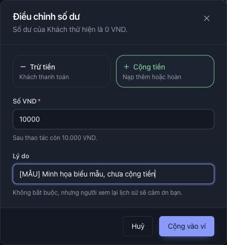 Cộng tiền đang chọn, số mẫu 10000 và lý do minh họa đã nhập; dòng dự kiến còn 10.000 VND xuất hiện dưới số tiền. Chưa bấm Cộng vào ví, số dư thực không đổi.