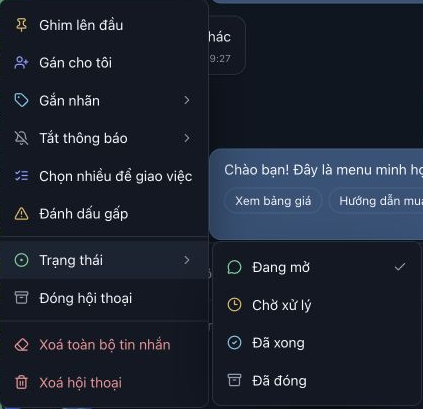 Menu chuột phải của hội thoại, mở nhánh Trạng thái với bốn lựa chọn. Các thao tác ghim, gán, gấp và xóa nằm trong menu chính; chưa đổi trạng thái.