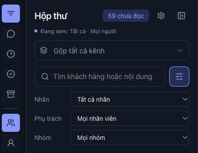 Bộ lọc nâng cao đã mở: Nhãn, Phụ trách, Nhóm nằm dưới ô tìm khách; Kênh hiển thị ở phía trên.