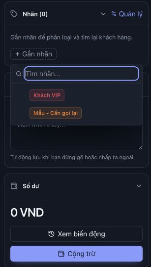 Menu tìm nhãn ở hồ sơ đang mở với Khách VIP và Mẫu - Cần gọi lại. Bên dưới là ô ghi chú cùng dòng nhắc tự động lưu; chưa gắn nhãn hay sửa ghi chú.