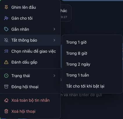 Nhánh Tắt thông báo liệt kê thời hạn; chưa chọn một thời hạn trong ảnh.