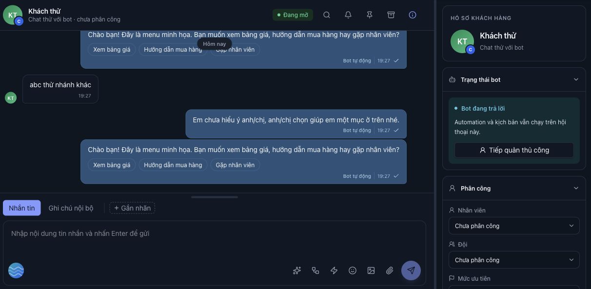 Hội thoại Khách thử trên kênh Chat thử với bot. Hàng trên chứa trạng thái, tìm kiếm, chuông, ghim, đóng và nút hồ sơ; ô soạn nằm dưới lịch sử.