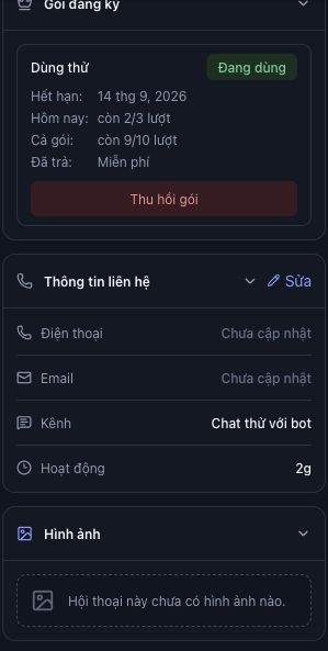 Gói Dùng thử của khách mẫu có trạng thái và hạn mức; bên dưới là Thông tin liên hệ và Hình ảnh đang trống. Bài không tải ảnh thử hoặc thu hồi gói để tạo kết quả minh họa.