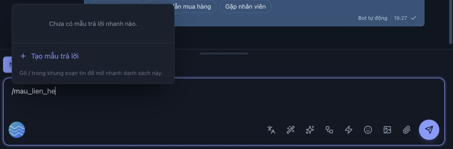 Gõ /mau_lien_he không trả về mẫu đang bật trong lần kiểm tra. Nút Tạo mẫu trả lời nằm trong bộ chọn; chưa có nội dung nào được gửi.