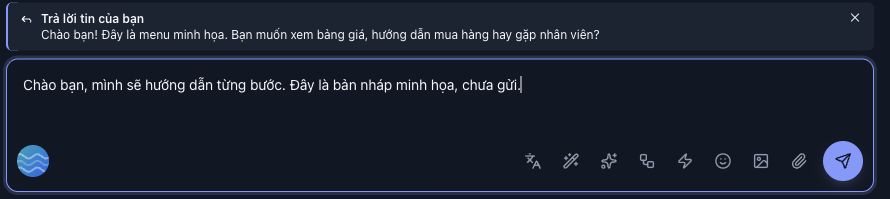 Thanh Trả lời tin của bạn nằm trên ô soạn, nút bỏ trích dẫn ở mép phải. Nội dung minh họa còn là bản nháp, chưa bấm Gửi.