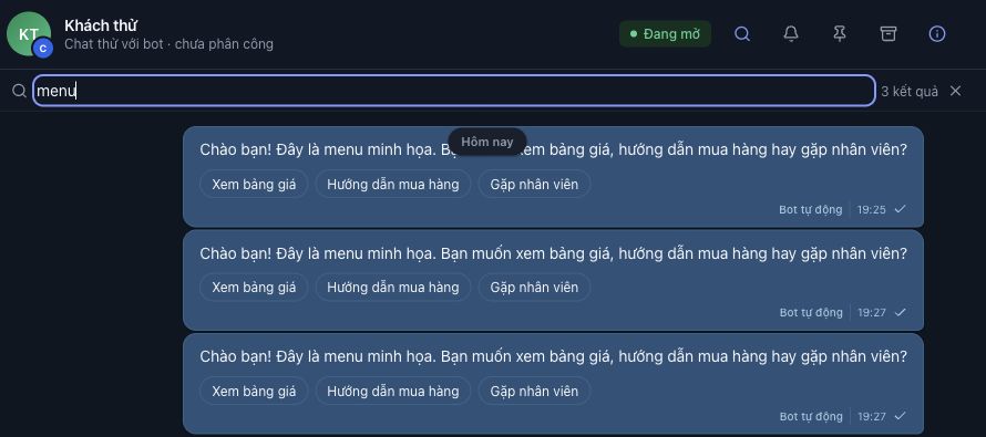 Từ khóa menu cho 3 kết quả trong hội thoại mẫu. Dấu × bên phải ô tìm kiếm đóng chế độ tìm trong luồng.