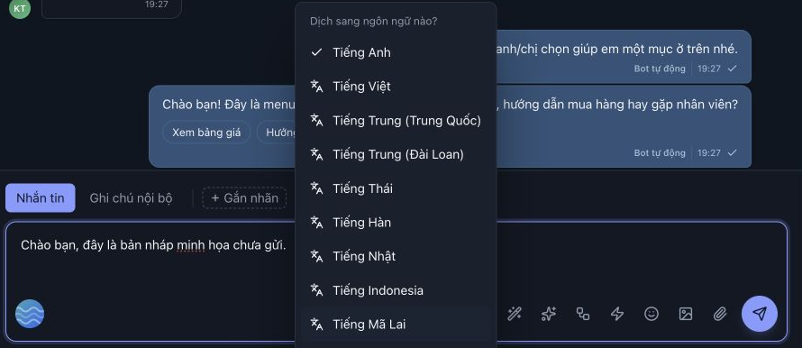 Menu ngôn ngữ mở từ biểu tượng dịch bên dưới bản nháp; Tiếng Anh ở đầu danh sách, cuộn để xem thêm ngôn ngữ.