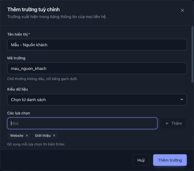 Biểu mẫu tiếng Việt tạo trường Mẫu - Nguồn khách, mã mau_nguon_khach và lựa chọn Website, Giới thiệu.