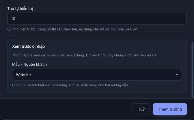 Phần xem trước tiếng Việt chọn Website với thứ tự hiển thị 10 và nút Thêm trường.