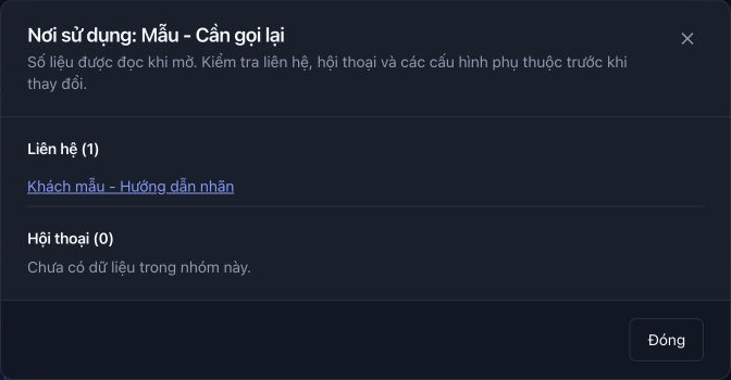 Nơi sử dụng của nhãn mẫu hiển thị một liên hệ Khách mẫu - Hướng dẫn nhãn và không có hội thoại.