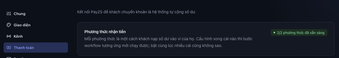 Tab Thanh toán trong Cài đặt ChatHub và phần Phương thức nhận tiền