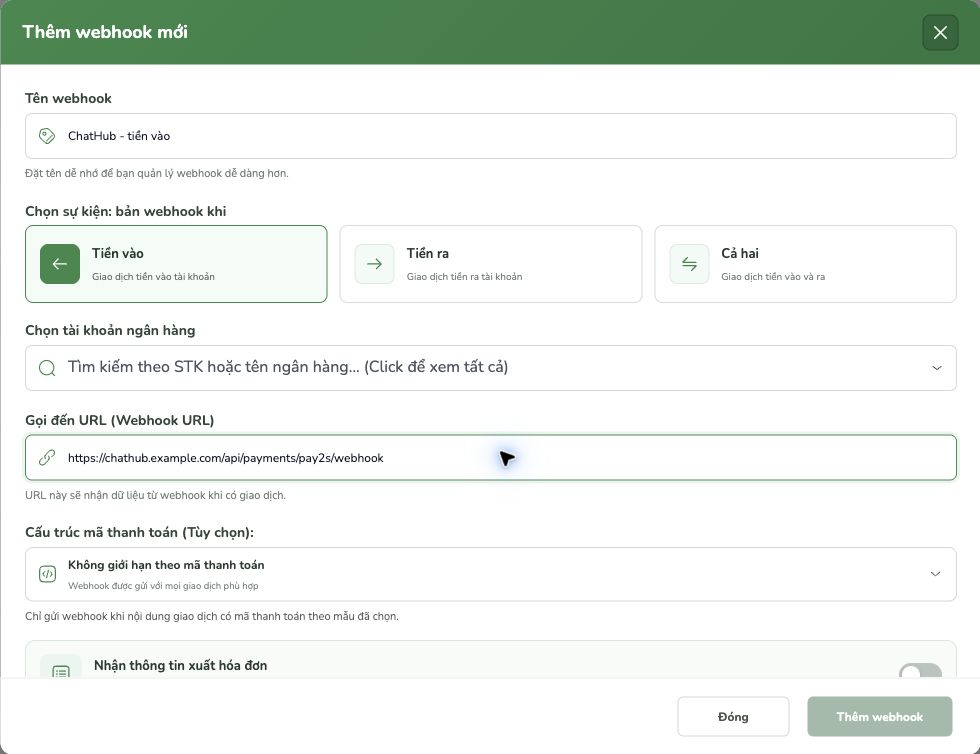Biểu mẫu thêm webhook Pay2S với sự kiện Tiền vào và URL ChatHub mẫu