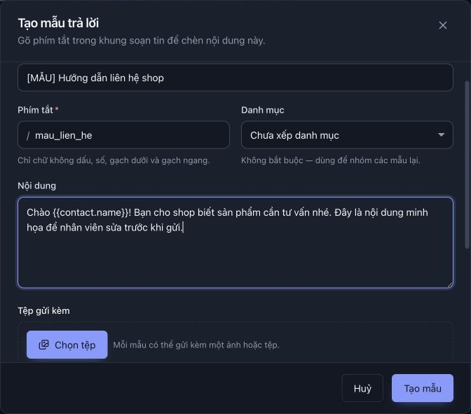 Phím tắt nằm bên trái Danh mục; nội dung có biến tên khách. Tạo mẫu ở góc dưới chỉ lưu thư viện, không gửi tin cho khách.