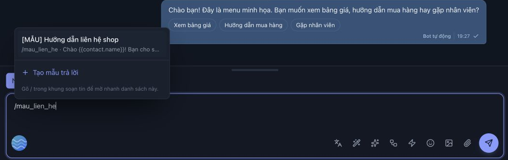 Gõ phím tắt làm hiện đúng mẫu phía trên ô soạn. Chọn mẫu để thay đoạn /mau_lien_he bằng nội dung.