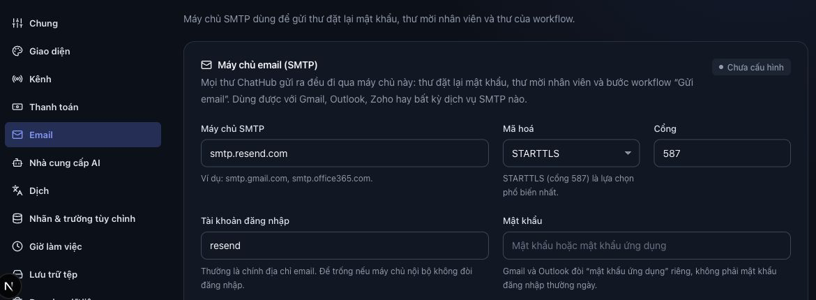 Tab Email của ChatHub với máy chủ smtp.resend.com, STARTTLS, cổng 587 và tài khoản resend.
