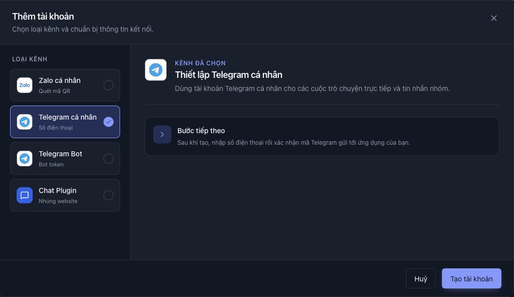 Hộp thoại Thêm tài khoản với Telegram cá nhân được chọn và nút Tạo tài khoản.