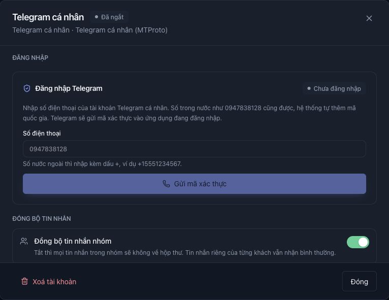Phần Đăng nhập Telegram với ô Số điện thoại và nút Gửi mã xác thực.