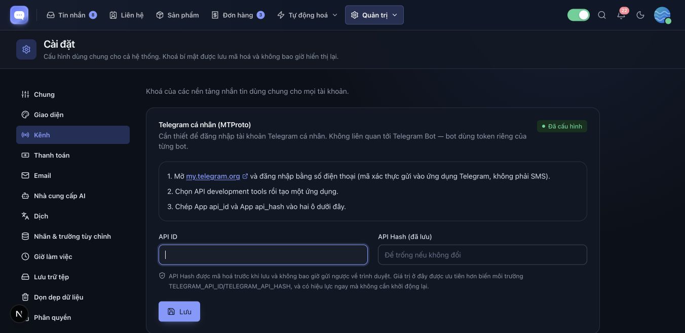 Tab Kênh trong Cài đặt với khối Telegram cá nhân, API ID, API Hash và nút Lưu.