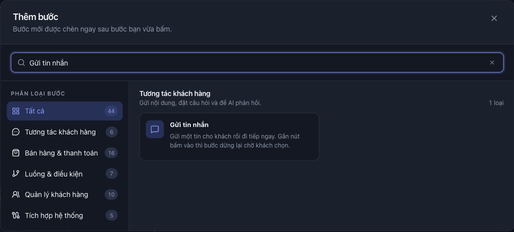 Bộ chọn Thêm bước trên canvas được lọc theo Gửi tin nhắn.