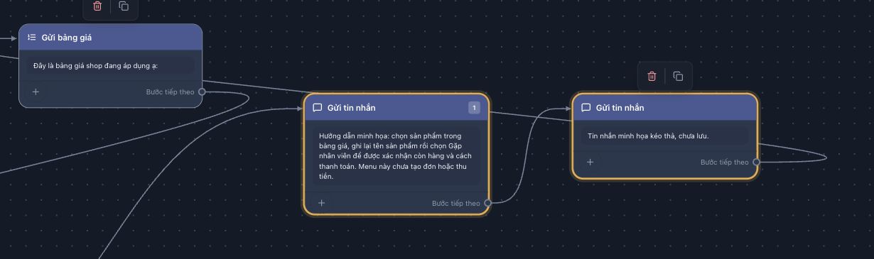 Đường Bước tiếp theo của node mẫu đã chuyển sang Gửi bảng giá sau khi kéo chấm nối.
