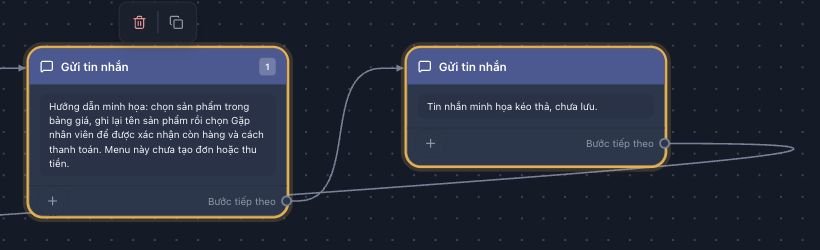 Node tin nhắn mới xuất hiện bên phải bước hướng dẫn với đường nối tự động.