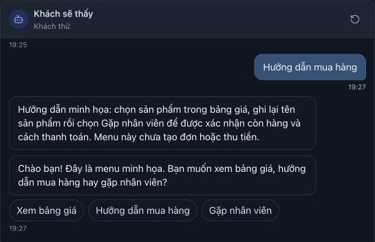 Kết quả đã chạy thật với khách thử: chọn hướng dẫn, nhận nội dung và trở lại ba lựa chọn.