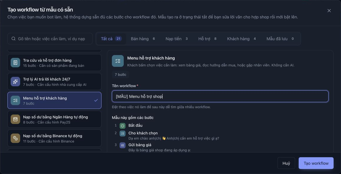 Chọn Menu hỗ trợ khách hàng bên trái, nhập tên bên phải rồi bấm Tạo workflow ở góc dưới.